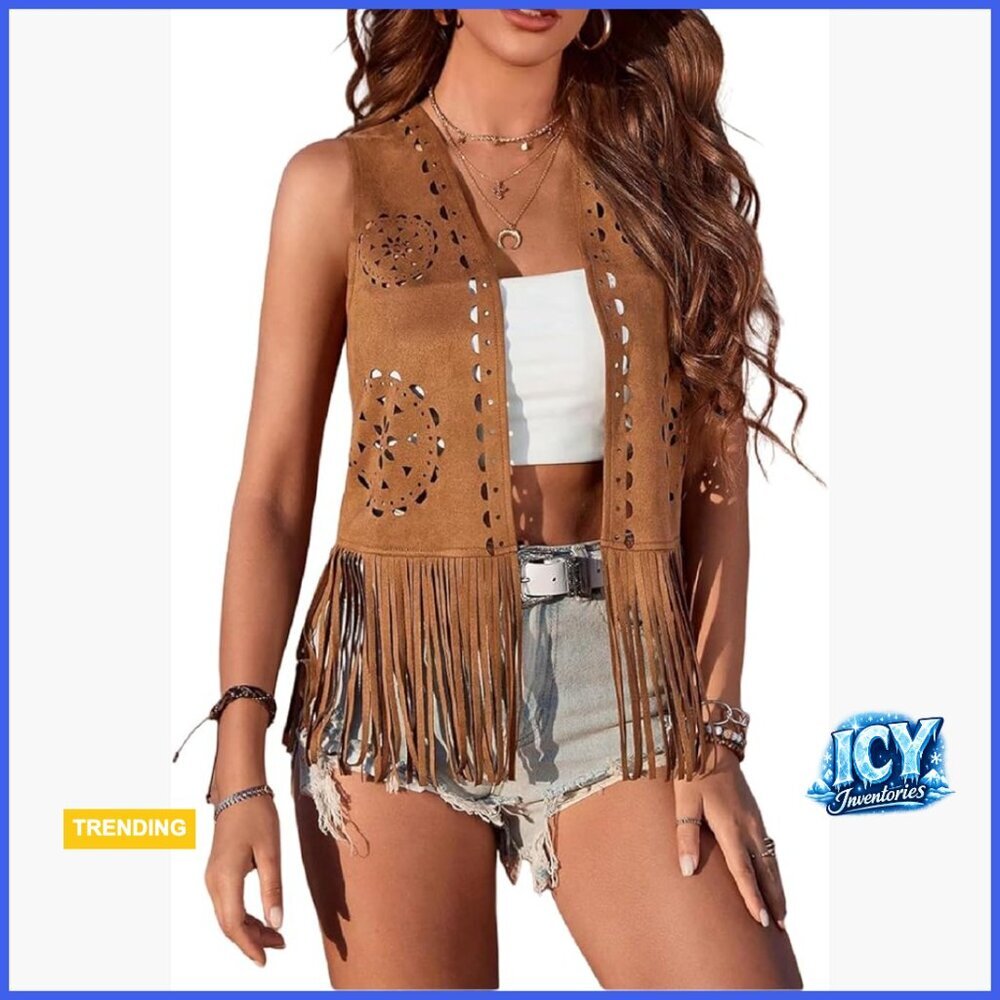 Faux Suede Fringe Vest Sleeveless Tassel Western Waistcoat